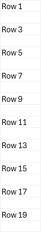 VBA For Loop with Step 2 — odd rows A1, A3, A5 ... A19 each show "Row N"; even rows stay empty