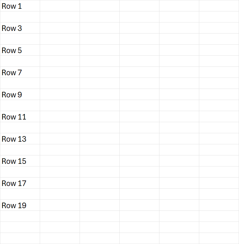 VBA For Loop with Step 2 — odd rows A1, A3, A5 ... A19 each show "Row N"; even rows stay empty