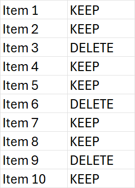 VBA For Loop reverse iteration BEFORE — 10 rows in A1:B10, rows 3, 6, and 9 marked DELETE