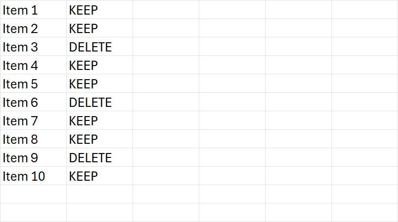 VBA For Loop reverse iteration BEFORE — 10 rows in A1:B10, rows 3, 6, and 9 marked DELETE