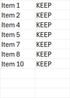 VBA For Loop reverse iteration AFTER — Items 1, 2, 4, 5, 7, 8, 10 remain (the 7 KEEP rows); rows 3/6/9 deleted with no shifting bug