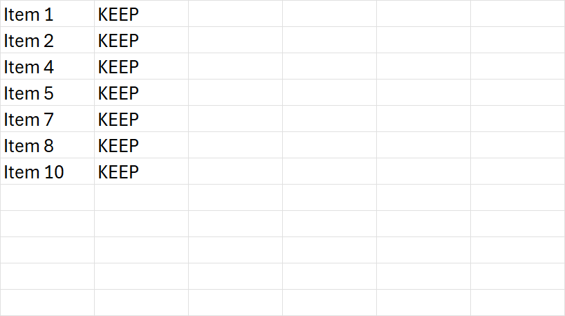 VBA For Loop reverse iteration AFTER — Items 1, 2, 4, 5, 7, 8, 10 remain (the 7 KEEP rows); rows 3/6/9 deleted with no shifting bug