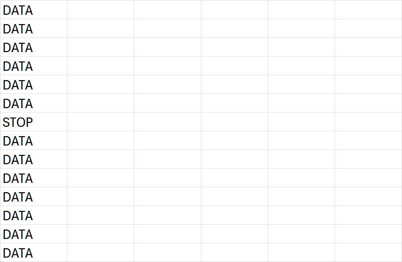 VBA For Loop with Exit For — column A1:A12 has DATA in most rows, STOP marker at row 7 stops the loop early