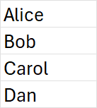 VBA For Each Array loop — fills A1:A4 with names Alice, Bob, Carol, Dan in declaration order