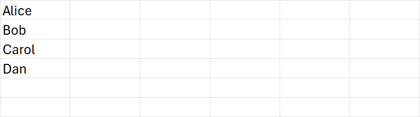 VBA For Each Array loop — fills A1:A4 with names Alice, Bob, Carol, Dan in declaration order